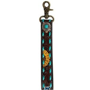 Myra Bag Sunflower Sunrise Keychain FOB Turquoise  Yellow Tooled Leather S-7547